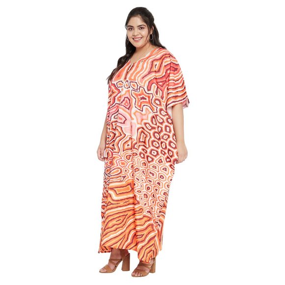 Gypsie Blu Women Polyester Orange Abstract Printed Caftan Dress Stylish Maxi - Picture 6 of 10